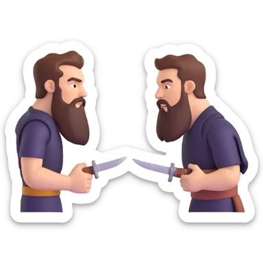 superhero comic cover with bearded hero facing off against razor-wielding villain, dramatic lighting sticker