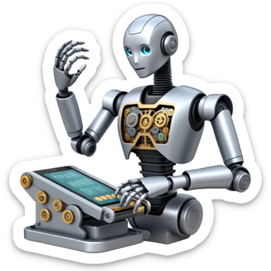 An icon featuring a humanoid robot assembling parts with mechanical arms, a circuit board in its chest, and a conveyor belt in the background. The design includes gears, sensors, and a robotic claw, symbolizing robotics innovation and automation. Transparent background sticker