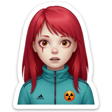 Crie um emoji de uma menina com bochecha gordinha com o cabelo vermelho longo com uma franja reta zumbi casaco de gola alta da adidas sticker