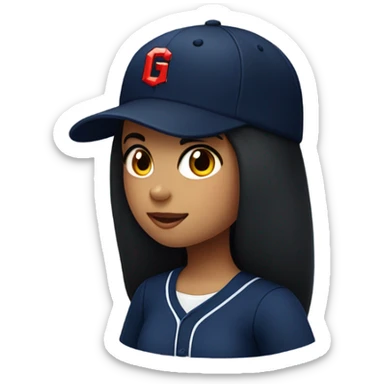 Black long hair girl wearing navy ballcap emblazoned with a red G initial and wearing baseball uniform sticker