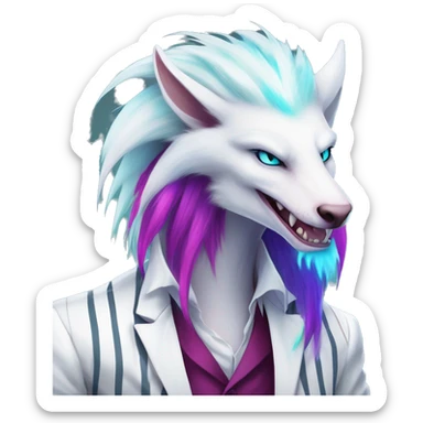 White badass elegant wild beautiful natural cute badass epic anthro modern albino sergal-vernid-creature with cyan mane and magenta eyes with cyan edgy stripes, full body, blue pretty hair,  sticker