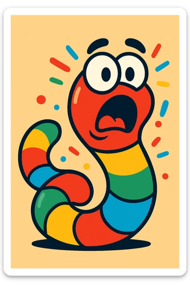 a gummy worm mascot with a shocked look, colorful, energetic sticker