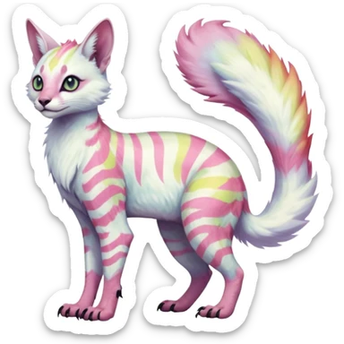 Realistic Colorful pale light fruity pastel white glorious iridescent exotic albino neon vibrant zigzagged fantasy-caracal-civet-genet-sergal-vernid-Gryphon-Cacomistle-Trico-oncilla-animal-Fakémon-hybrid-fursona (full body), facial markings, (realism style) sticker