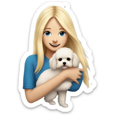 Blonde girl with long straight hair and blue eyes hugs a small  maltipoo and they are celebrating a new year  sticker