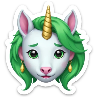 unicorn with green hair and big earrings looking into camera sticker