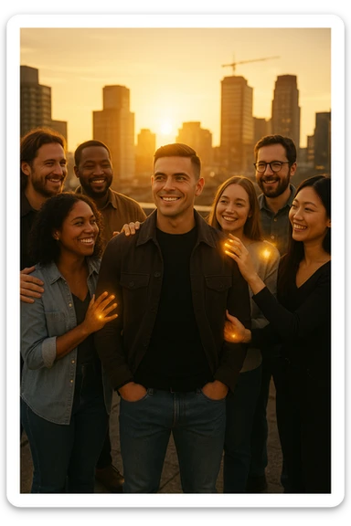 A cinematic scene of a man in his early 30s standing at the center of a sunlit urban rooftop during golden hour, surrounded by a diverse group of supportive, smiling people — friends, mentors, colleagues. They’re standing slightly behind or beside him, hands on his shoulder or gesturing toward him with encouragement. The man looks forward with a confident, inspired expression, body slightly relaxed, as if something inside di lui sta cambiando. The light behind the group forms a halo effect, emphasizing warmth and unity. Subtle visual symbolism: faint glow around their hands and hearts, suggesting their energy is uplifting him. Realistic clothing, modern style — jeans, T-shirts, casual jackets. The mood is inspiring, grounded, and full of potential. Shot in 35mm film style, with rich warm tones, shallow depth of field, and vibrant human detail. sticker