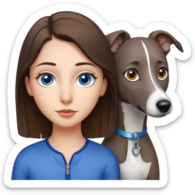 Brunette teenage hazel eyed girl beside a dark grey and white whippet with blue eyed sticker