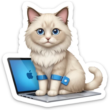 Cute ragdoll cat on a laptop. Should sit on top of the laptop, cat is way bigger than the laptop. Could walk on the laptop or sit sticker