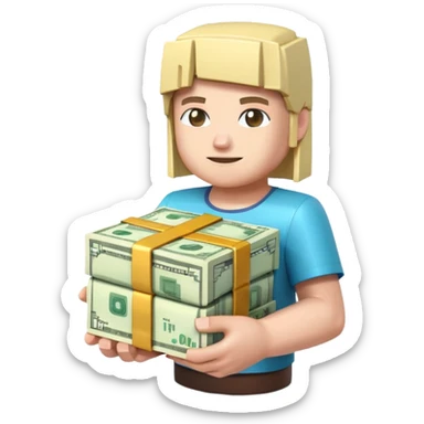 emoji style icon, minecraft blocky character holding a stack of money, pixel art style, bright colors, simple background, 3D glossy emoji, centered composition, soft shadow, high detail, clean outline, white background sticker