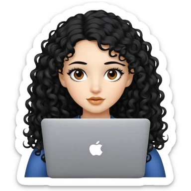 a girl using the mac book air with long black curly hair and brown eyes with winged black eyeliner sticker