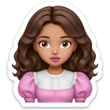 generate a pretty bratz girl with dark brown eyes in a white puff sleeve top. Pink lipgloss. Brown wavy hair long.  sticker