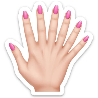  pink  close-up of a human hand with exactly five fingers, beautifully manicured nails, glossy pink nail polish, elegant nail shape, soft lighting, realistic style, isolated on transparent background" sticker