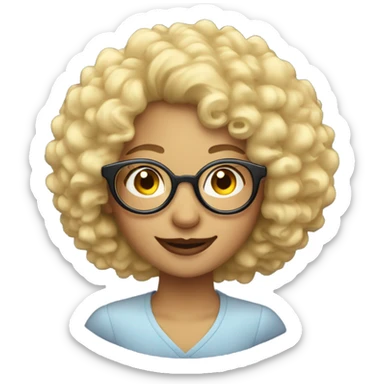 A round moon on which sits a blonde woman with curly hair and glasses, smiling. sticker