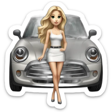 hyperrealist caucasian long blonde hair brown eyes woman white thin straps top gray tight mini skirt black high heeled shoes full body sticker