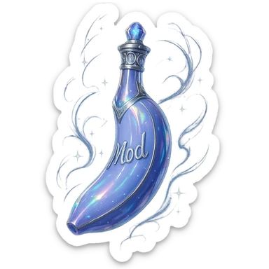 prabangus eliksyro buteliukas, banano forma, spalva #7986cb, sidabrinės ir holografinės detalės, daug magiškų efektų, labai mažas kaklelis, vientisas dugnas, buteliukas plūduriuoja ore, be pagrindo ar šešėlio, modernus, kolekcijai tinkamas, ant buteliuko užrašas 'Mod' sticker