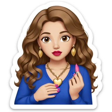 Light skinned girl, long wavy brown hair center-part with face framing pieces, big hazel eyes, gold heart necklace and earrings, royal blue long sleeve top, prominent blush, sassy, big lips, fancy long acrylic nails done, holding lipstick. She is curvy sticker