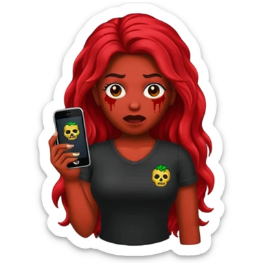 Faça me um emoji de um zumbi mulher de cabelos vermelho escuro longos ondulado usando uma blusa preta, faça no estilo iphone sticker