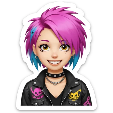 a punk girl with neck-length dyed hair and wear a punk graffiti jacket with black choker grin playfully  sticker