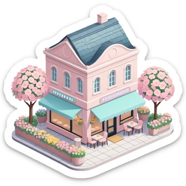 isometric exterior little pastel restaurant with abundant florals everywhere sticker