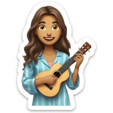 Saira bano long hair front looking smiling wearing pyjama playing ukulele  sticker