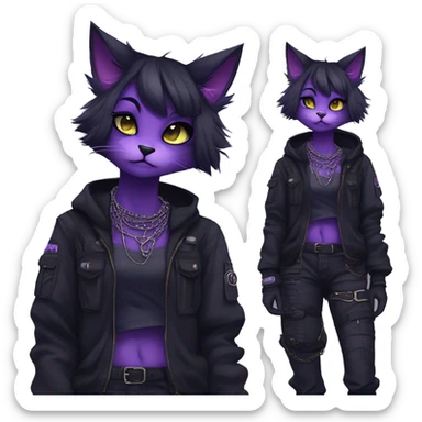 Gorgeous furry gothic dark techwear anime style anthro black cat furry sona Fakemon with blushing face aesthetic and pretty edgy black with violet collar and harness trending style chains cargo pants tomboy sticker
