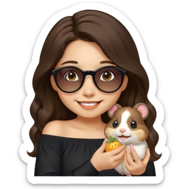 modern emoji of a young woman with light skin, long wavy dark brown hair, black off-shoulder top, friendly smile, warm eyes, pet hamster with tiny sunglasses sitting on her shoulder eating a seed, both happy and playful, pastel background, clean cheerful charming style sticker
