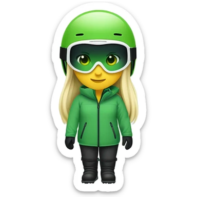 Green-eyed, fat female skier with medium-length straight blonde hair no curls, snow goggles on top of helmet, white ski helmet, gray snow jacket, green ski gloves, long black pants rolled up at the bottom, black only snow boots standing tall. sticker