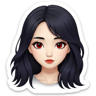 Asian girl with very long shaggy black hair, big black irises for eyes. middle part hair. long lower lashes, cheekbones with red blush. big dimples. simple dark makeup.  sticker
