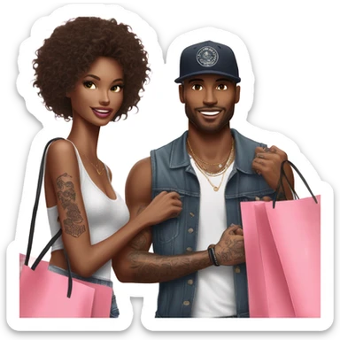 Photo of Victoria secret model shopping with a tattooed male model carrying bags sticker