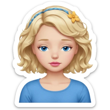 Girl Blonde short wavy hair,  blue eyes, cute blue top, long lashes, pink lips, sleeping eyes closed sticker