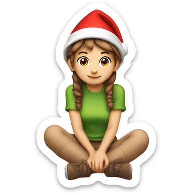 Girl with  brown short hair in red elf hat in a sitting position holding her knees ￼ sticker