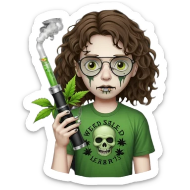 brown wavy haired zombie getting stoned with weed t shirt and bong on his hand and wearing black chrome hearts bifocals sticker