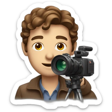 European film director with brown hair holding a cinema camera sticker