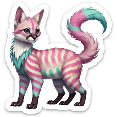 Colorful tropical feathery tribal pale light fruity pastel white glorious iridescent divine exotic cute albino neon vibrant zigzagged cool beautiful fantasy-caracal-civet-genet-sergal-vernid-Gryphon-Cacomistle-Trico-oncilla-animal-Fakémon-hybrid-fursona (full body), facial markings,  sticker