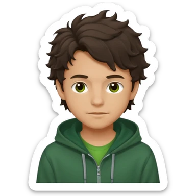 a 14 year old slightly tanned teenage boy with dark brown tousled wavy hair, dark brown eyes wearing a green tshirt, with a dark green hoodie overcoat. smirking sticker