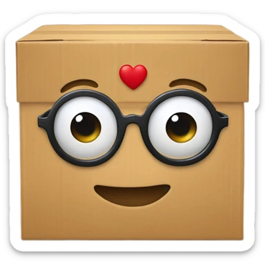 una caja de carton dibujada como carita con lentes encima de un corazon  sticker