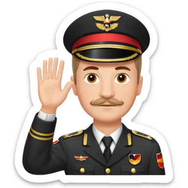 An image about an german with a small square like mustage with flat hair raising his hand in an german uniform with a red band attached to his arm sticker