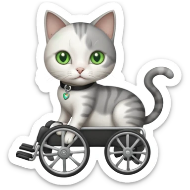 full body small short hair dark grey and white cat with green eyes walking in a wheelchair for cats sticker