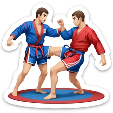 Two Sambo fighters in blue and red kimonos, with shorts and wrestling shoes, performing grappling and throwing techniques. The background shows a wrestling mat and an intense, focused atmosphere. Transparent background highlights the fluidity and skill of the sport without strikes. sticker