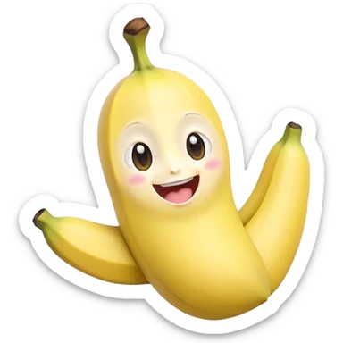 Cute Kawaii Banana, slightly curved, soft pastel yellow, cute giggling face with big round eyes, tiny arms waving happily, a peeled section revealing a smiling expression! sticker