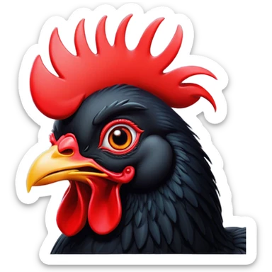 Cinematic Comical Black Rooster Portrait Emoji, Head tilted dramatically with an exaggeratedly shocked or amused expression, featuring a striking pure black plumage with a bold red comb, wide, expressive eyes filled with playful disbelief, Simplified yet hilariously expressive features, highly detailed, glowing with a slightly sassy glow, high shine, dramatic yet playful, stylized with an air of cheeky mischief, bright and endearing, soft glowing outline, capturing the essence of a spirited and over-the-top rooster, so meme-worthy it feels like it could crow its way into internet fame instantly! sticker