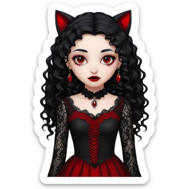 A girl with a red goth vampire look in a black and red goth lace dress with long sleeves and long black curly hair Fox eyes sticker