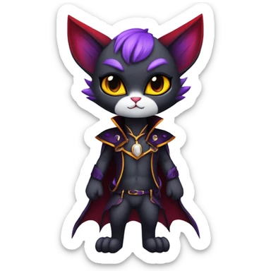 Anthro-Cute-Edgy-Cool-Vampiric-Batty-Cat-Black-Purple-Red-Grey-White-Yellow-Contrast-Colors-Fantasy-Fur-Sona-Chibi-Shiny-Fakémon-Hybrid with horns and fangs and collar full body sticker