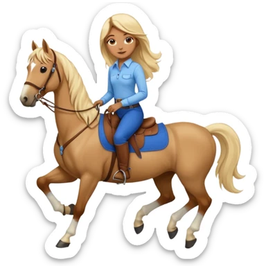 Brown girl with very long blonde hair wearing a cream colored; collared long sleeve shirt and blue riding pants with brown boots on top of a brown horse with 4 legs sticker
