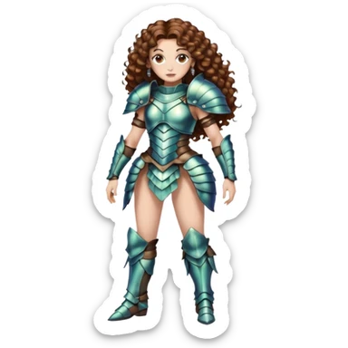 full body woman long curly brown hair brown eyes white skin tattoos beetle shell armor couture, iridescent plates, confident stance sticker