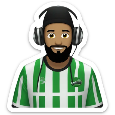 guy with a black hat and black beard, wearing a green and white striped football kit, DJing sticker