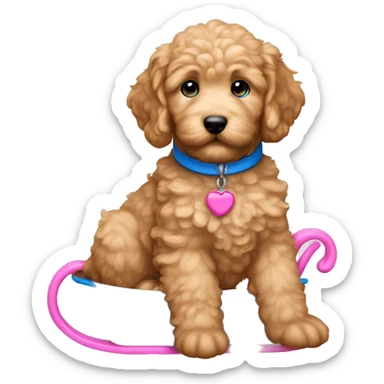 Mini golden doodle puppy  with pink sleigh blue collar blue eyes  sticker