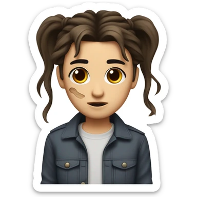 long dark brown stringy hair tied into two high ponytails that jut upward and outward. has small dark brown eyes with slightly thin eyebrows and a blood mark that extends from both sides of his face across the bridge of his nose. sticker