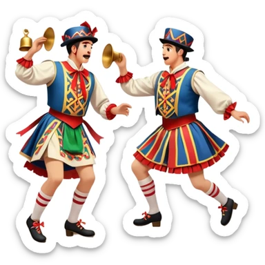 Cinematic Realistic scene of two performers executing a Morris Dance in full traditional costume—with bells, ribbons, and clogs—captured in dynamic motion against a rustic English backdrop and warm, golden lighting sticker