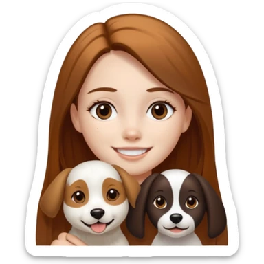 girl with white skin, brown eyes, long straight brown hair, with a white dog that has a black face with a stripe down the middle between the eyes and snout, and brown and caramel brown spots on the sides of the mouth sticker